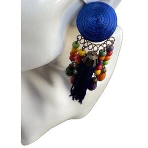 Vintage Earrings Large Long Blue Multi Color Boho Circle Clip On Fringe 80s 90